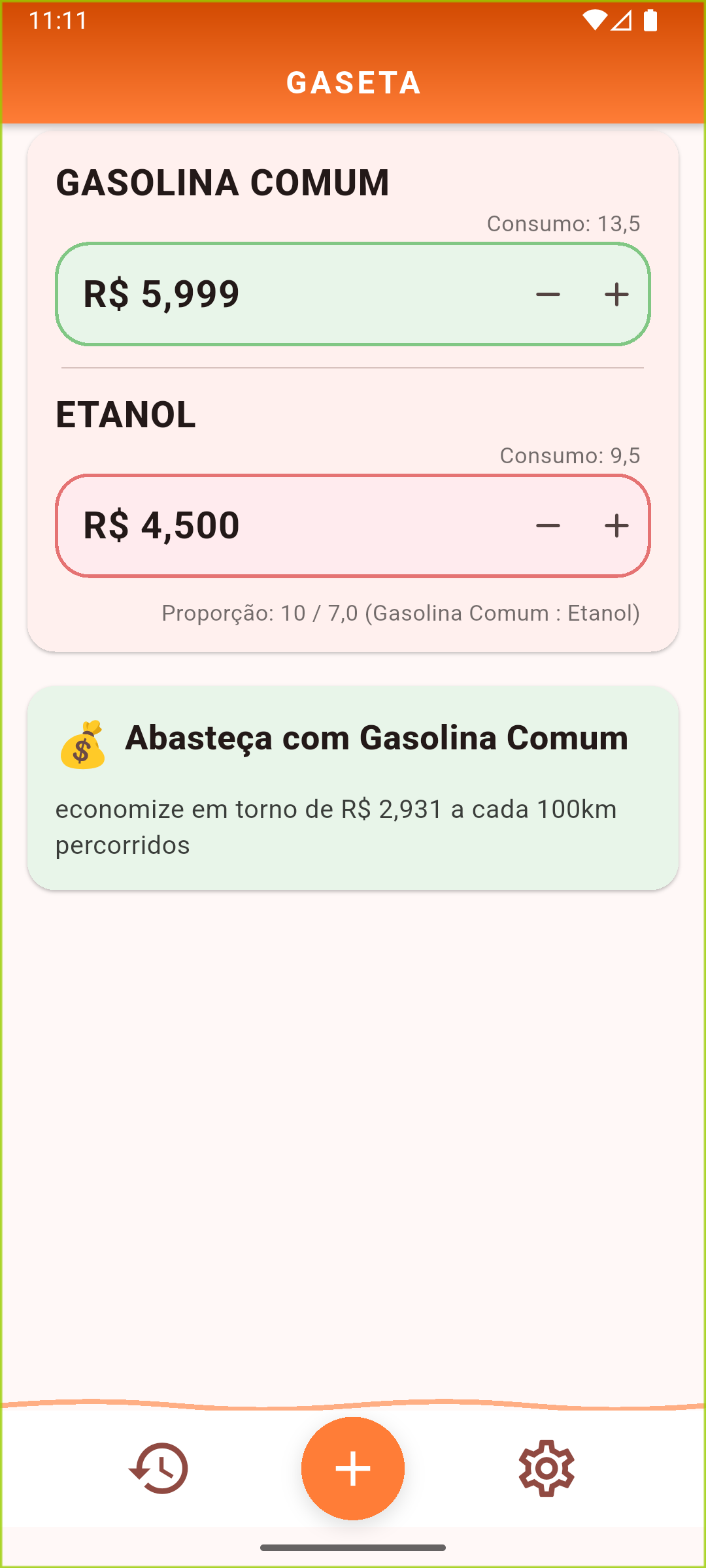 Tela do app GasEta exibindo comparação de combustíveis