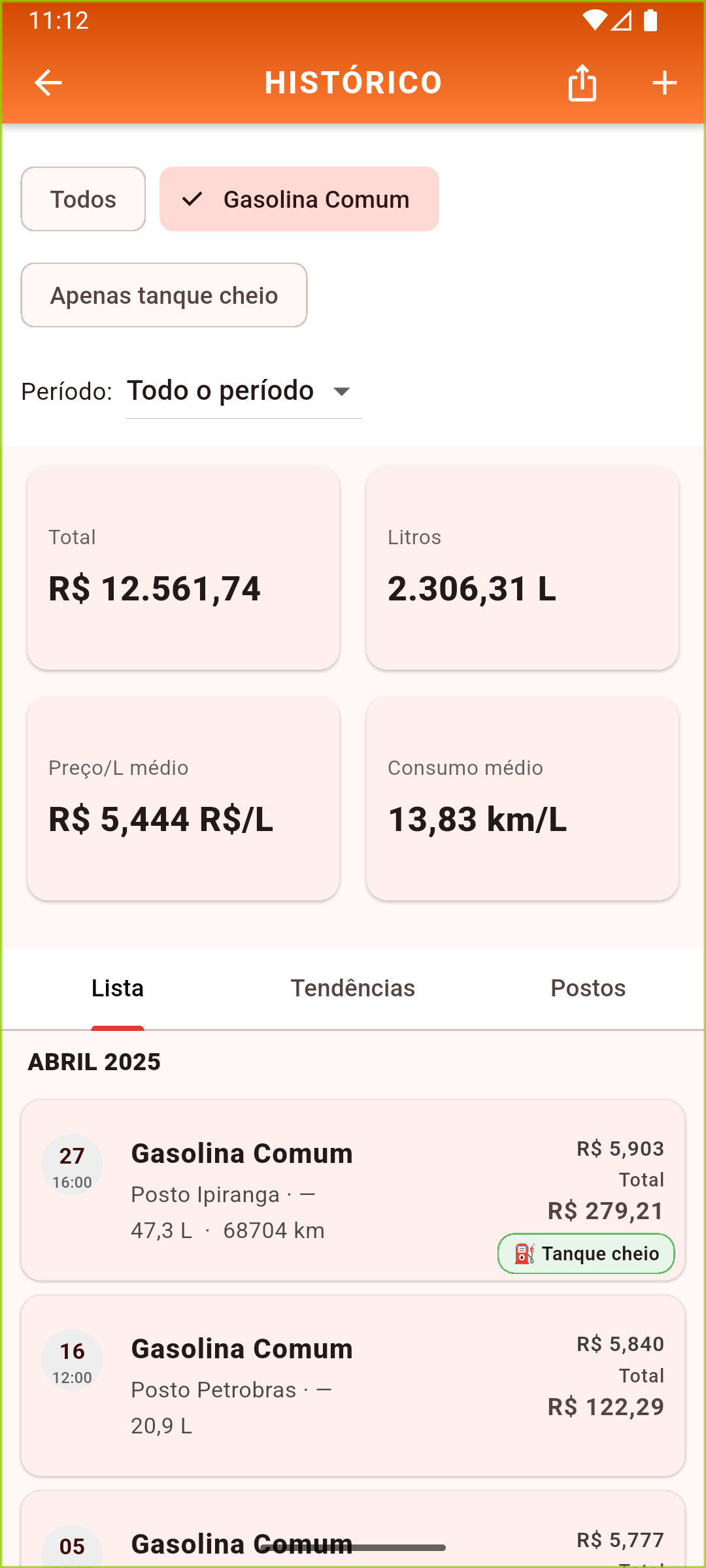 Tela do GasEta mostrando histórico de abastecimentos
